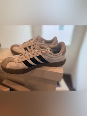 adidas White Sneakers with Black Three Stripes and Brown Sole